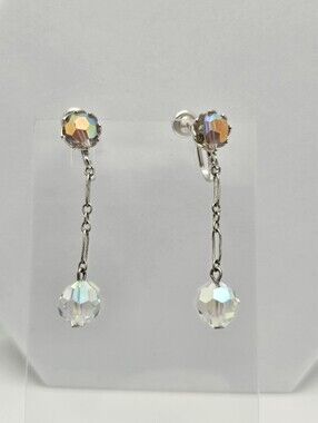 Vintage EVCO Aurora Borealis AB Crystal Dangle Screwback Clip Earrings 1.5"